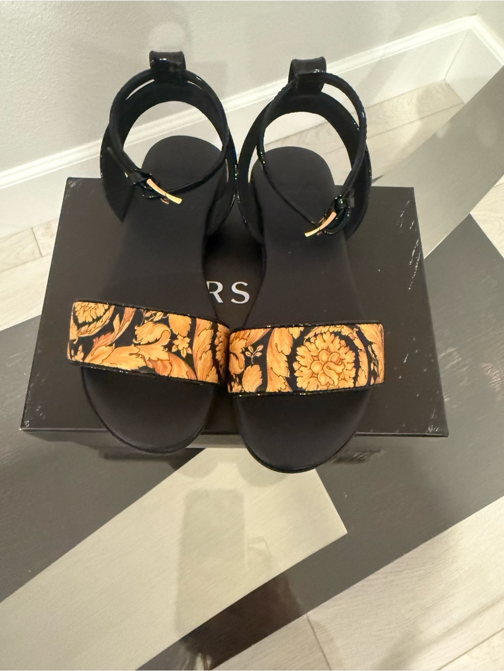 Black Sandals with Gold Floral Strap - Girls size 10-10.5
